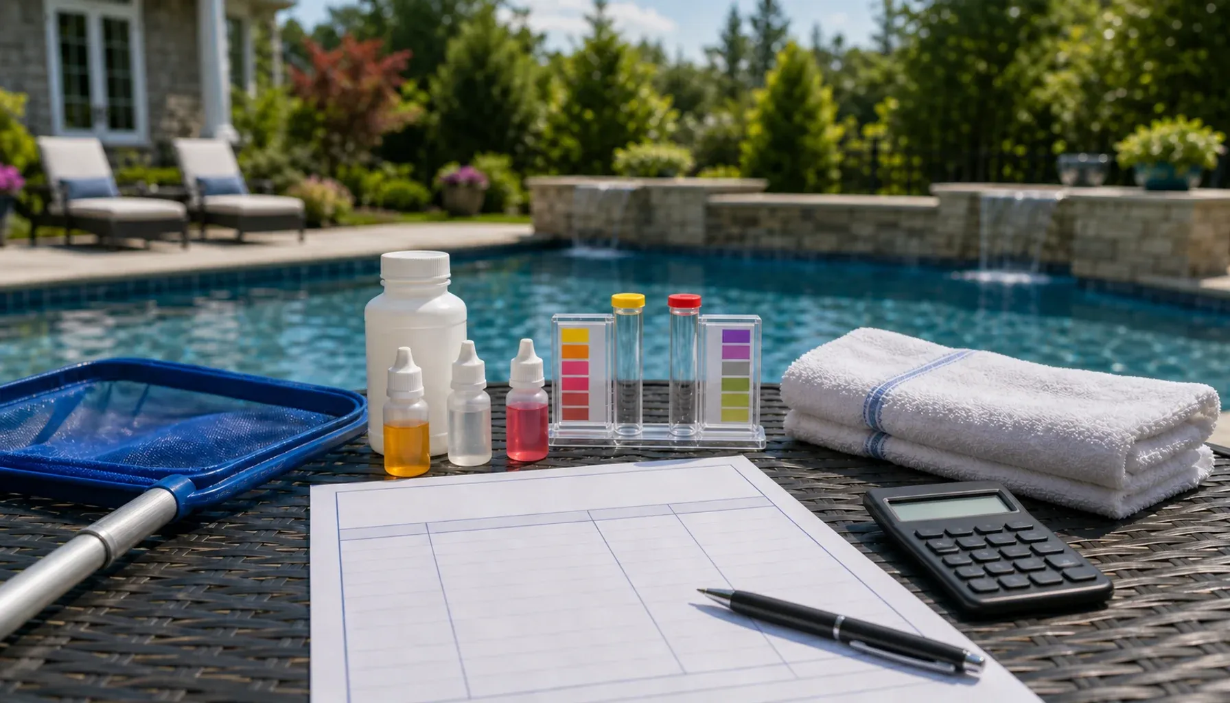Pool water test kit, chemicals, skimmer net, towels, and a calculator on a patio table beside an inground pool.