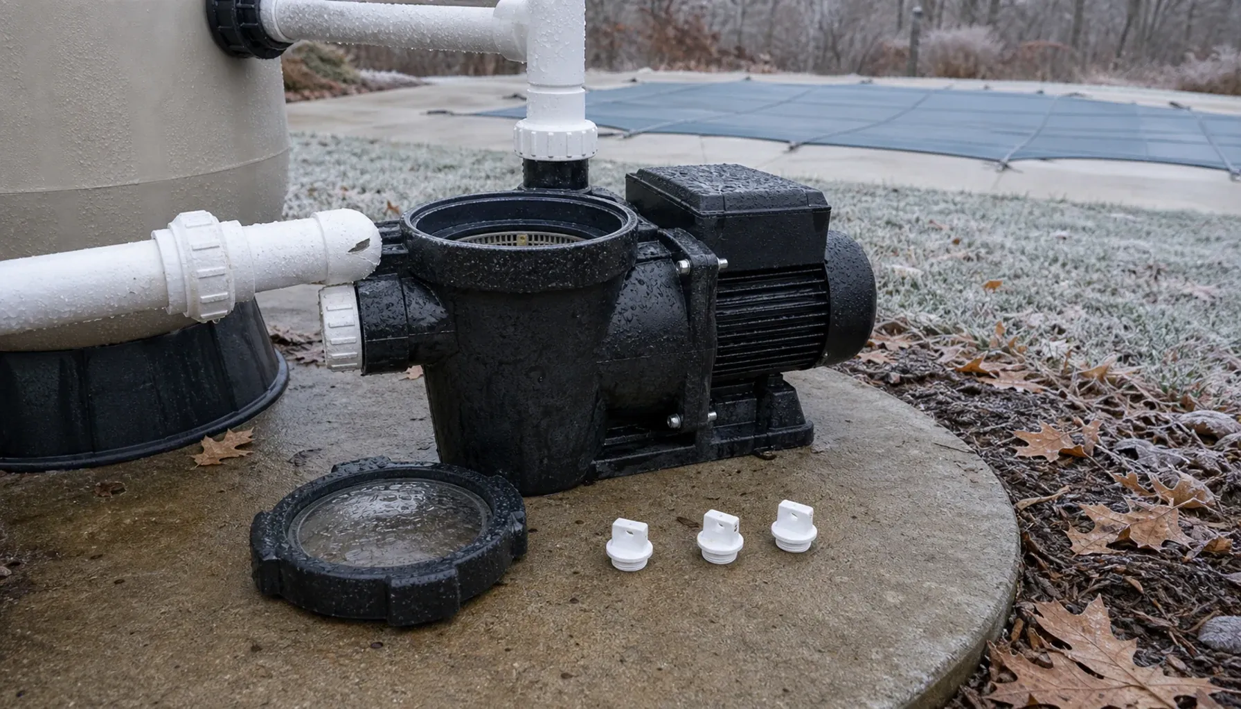 Pool pump with its lid and three drain plugs removed on a frosty equipment pad in late autumn