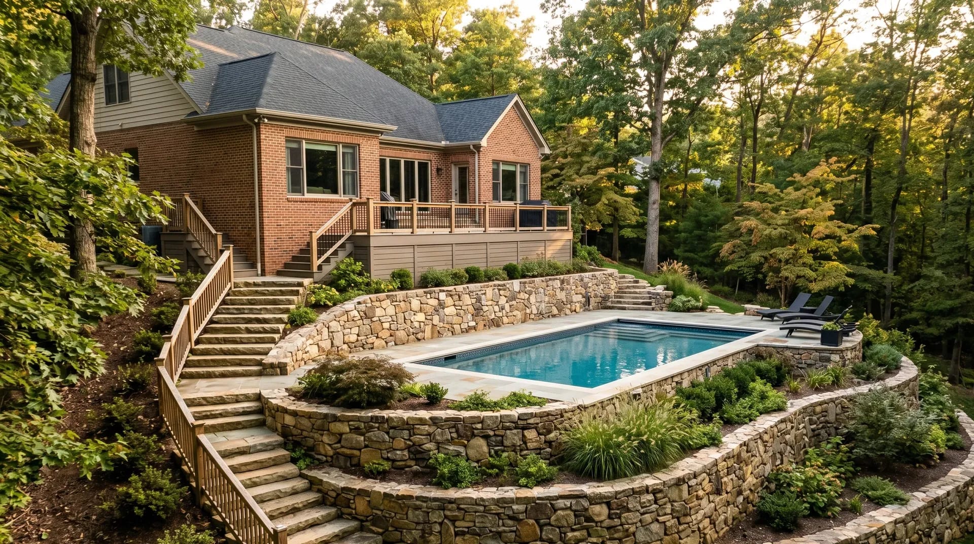 Inground pool built into a sloped lot with a tiered stone retaining wall