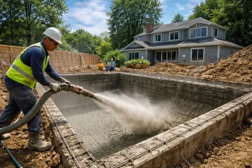 Construction worker in safety gear spraying gunite concrete onto a rebar framework during pool construction