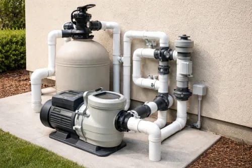 Well-organized pool equipment pad with pump motor, sand filter, and PVC plumbing against an exterior wall