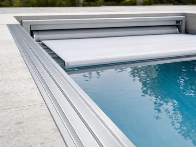 Deck-level aluminum track, partially retracted vinyl cover, and recessed reel housing on an inground pool