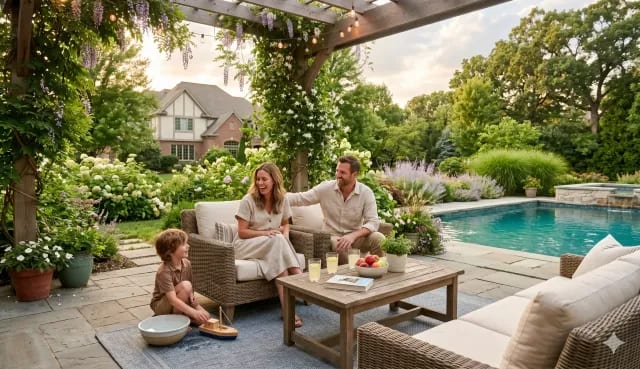 Family relaxing under a flower-covered pergola beside a backyard pool and patio seating area.