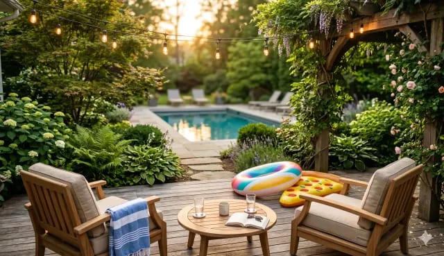 Backyard pool oasis at dusk with a rose-covered pergola, string lights, teak lounge seating, and lush garden landscaping around an inground pool in a DMV backyard
