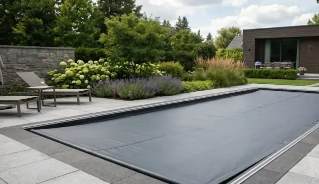 Dark automatic safety cover stretched taut across a rectangular inground pool with aluminum track guides, beside a landscaped patio.