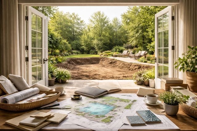 View through open French doors of a freshly excavated pool shell in a lush backyard, with pool design plans, tile samples, and blueprints spread across a table in the foreground
