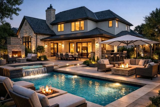Renovated inground pool with spa waterfall, in-pool fire bowls, travertine deck, outdoor fire pit seating, and a stone-and-stucco luxury home illuminated at dusk