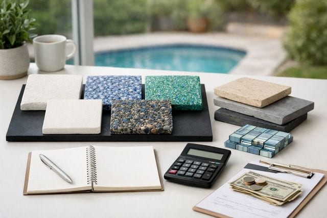 Pool renovation budgeting setup with plaster, pebble, and glass tile finish samples, travertine and stone coping swatches, a calculator, notepad, and a clipboard with cash beside a backyard pool visible through a window