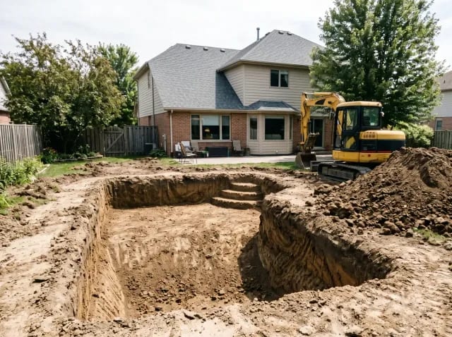 Backyard pool excavation dug to the pool shape with an excavator on site