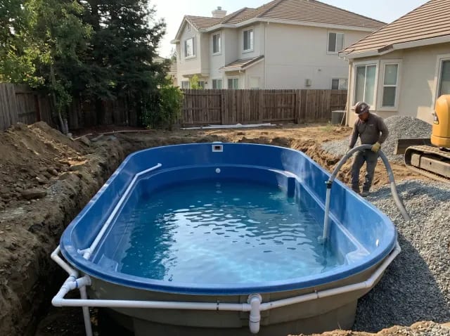 Blue fiberglass pool shell being plumbed and backfilled with gravel