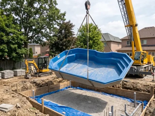 Pre-molded fiberglass pool shell lowered into the excavation by a crane