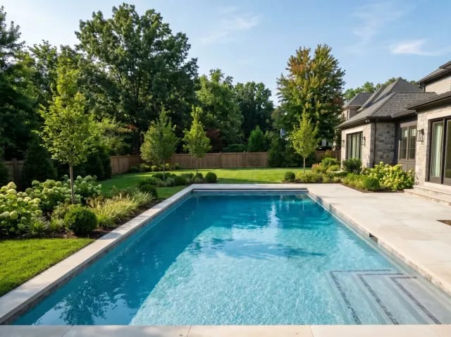 Newly finished inground pool filled with clear water, stone coping and deck complete