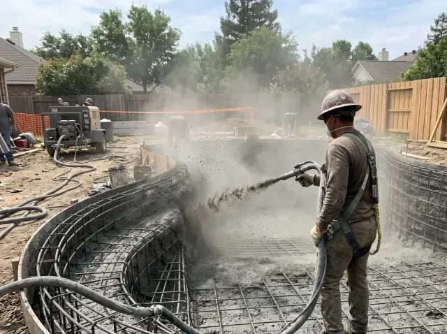 Crew member spraying gunite shotcrete over the rebar to form the pool shell
