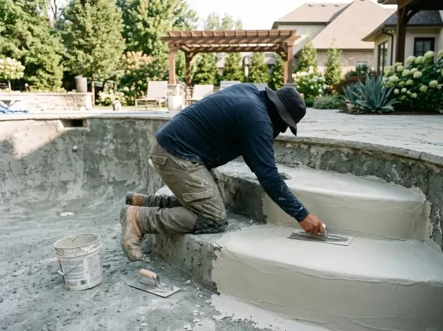 Worker troweling a smooth plaster interior finish onto the gunite pool steps