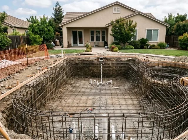 Steel rebar cage forming the full gunite pool shell skeleton before concrete