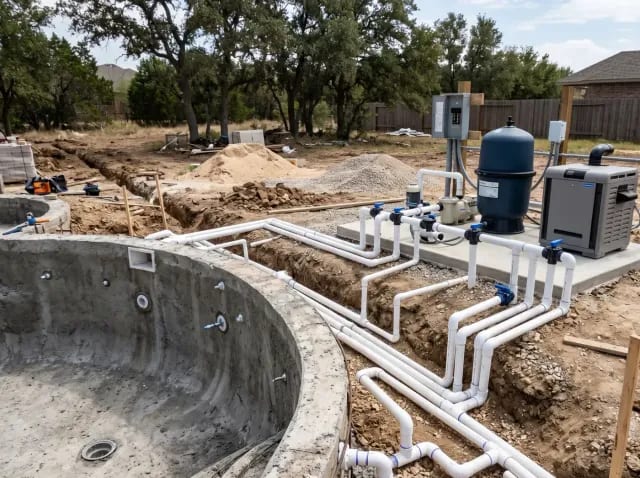 Pool plumbing lines and an equipment pad with pump, filter, and heater being installed