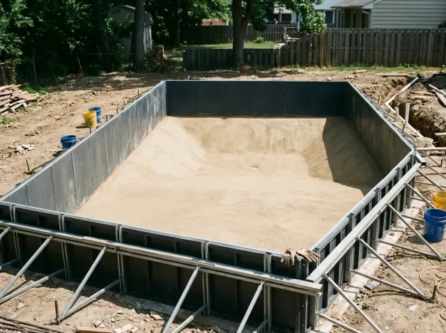 Vinyl pool wall panels braced around the excavation with a sand floor base