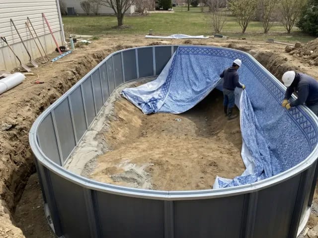Vinyl pool wall panels set in the excavation with the patterned liner being fitted