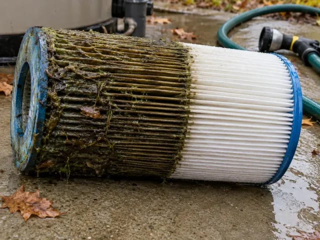 Pool filter cartridge on a wet concrete pad, half clogged with green-brown algae and half rinsed clean