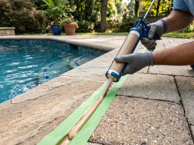 Technician applying flexible sealant to a pool expansion joint beside clear water