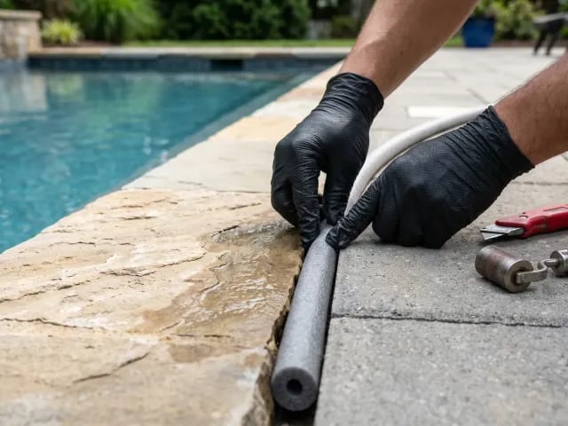 Foam backer rod being installed in a pool expansion joint between coping and deck