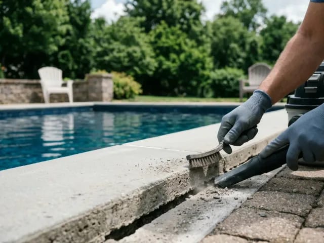 Pool expansion joint being cleaned before new sealant is applied