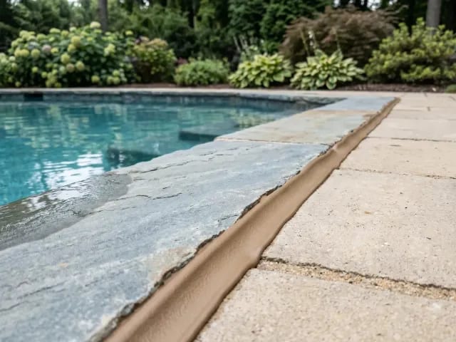 Finished smooth pool expansion joint seal between stone coping and deck