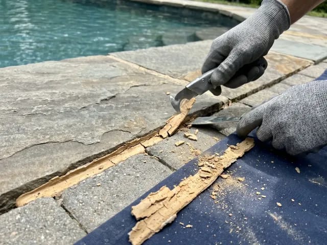 Old cracked pool expansion joint sealant being removed by gloved hands