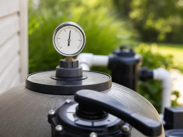 Pressure gauge on top of a residential pool sand filter tank with a multiport valve handle in the foreground