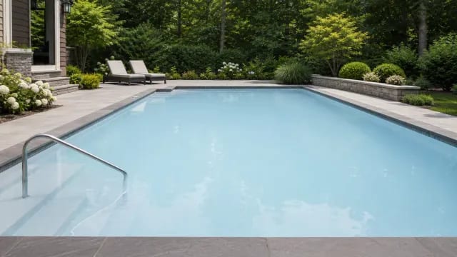 Inground pool with hazy, milky blue water, steps and handrail fading into the cloudy shallow end