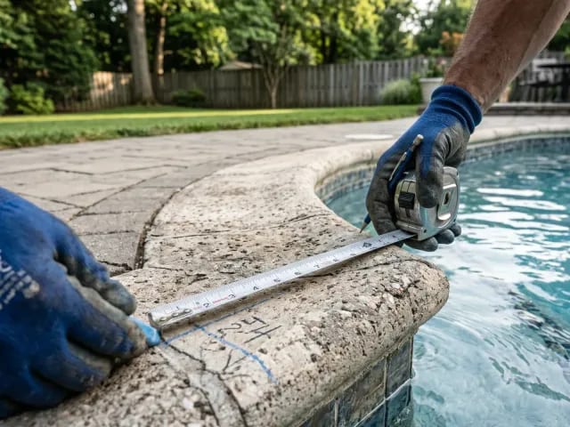 Technician measuring worn pool coping before replacement
