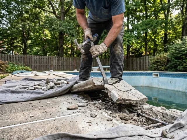 Old pool coping stones being removed from an inground pool edge