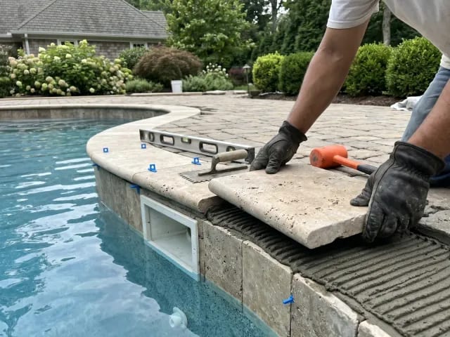 New pool coping stone being set in mortar along an inground pool edge