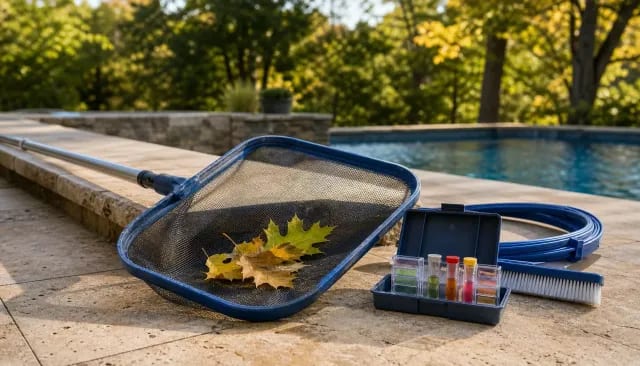 Pool skimmer net with early fallen oak leaves beside a water test kit on travertine coping