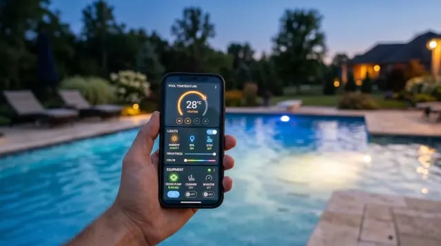 Smartphone app controlling a pool's temperature, lights, and equipment poolside