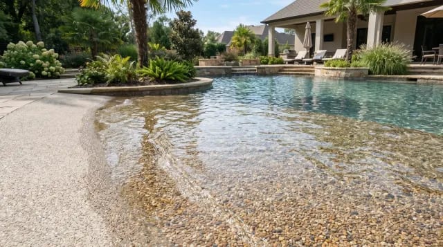 Zero-depth beach entry sloping gradually into a pool with a pebble bottom