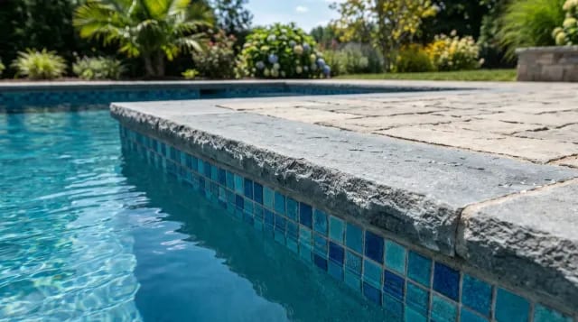 Natural-stone pool coping with glass mosaic waterline tile along the pool edge