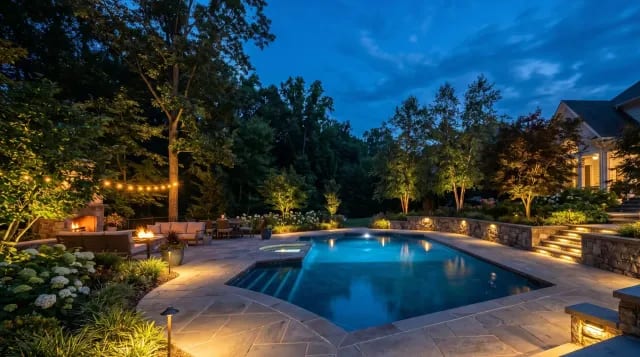 Pool patio at dusk with landscape lighting, path lights, and uplit trees
