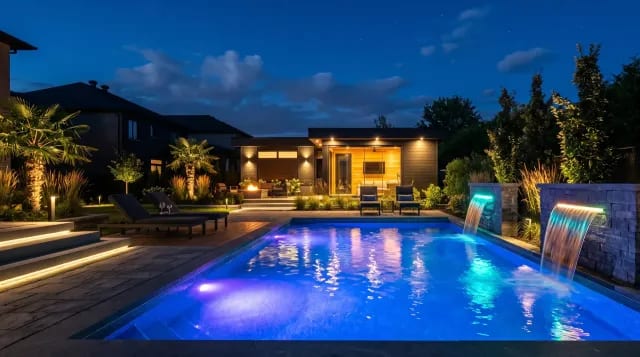 Inground pool glowing with color-changing LED lighting at night