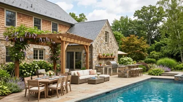 Paver patio with a pergola, built-in outdoor kitchen, and dining set beside a pool