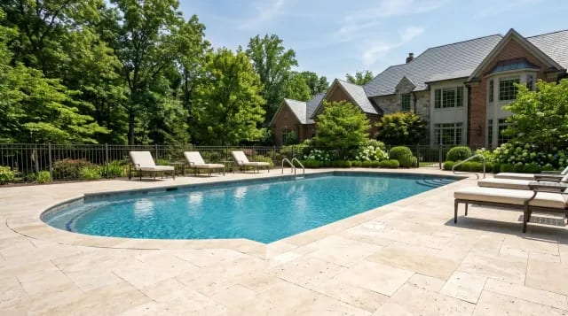 Travertine paver pool deck wrapping around an inground pool