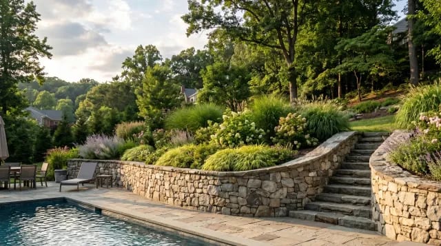 Tiered natural-stone retaining walls with planted beds beside an inground pool