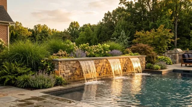Stone wall with sheer-descent waterfalls spilling into a pool