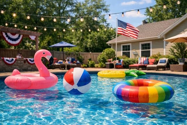 Backyard pool decorated for a Memorial Day party with a pink flamingo float, rainbow ring float, pineapple float, and beach ball in a clear blue pool, red white and blue patriotic bunting on a pergola, an American flag on a flagpole, string lights, and outdoor party seating around a suburban home