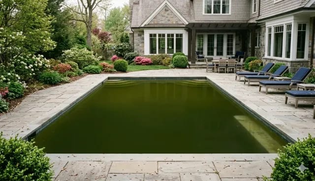 Rectangular inground pool with dark green algae-filled water after winter on a bluestone patio beside a stone and shingle home with blooming spring landscaping and navy blue chaise lounges
