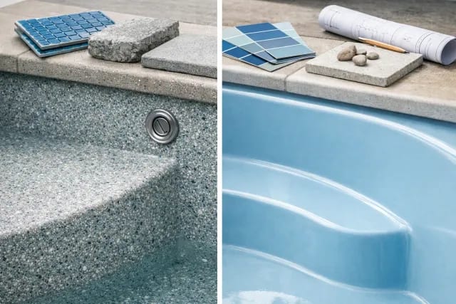 Side-by-side comparison: left panel shows a gunite pool interior with pebble plaster finish, blue glass mosaic tile, and travertine coping samples; right panel shows smooth pale blue fiberglass pool steps with blue color swatch cards, pebble stones, pencil, and rolled blueprints on the coping
