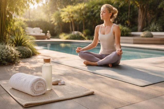 Woman meditating in lotus pose on a yoga mat beside a serene backyard pool surrounded by bamboo and tropical landscaping in morning light, with a rolled towel and water bottle nearby
