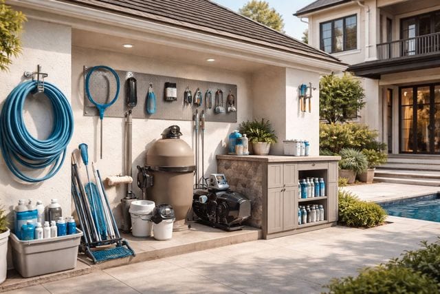 Pool equipment alcove beside a luxury home showing a sand filter, variable-speed pump, robotic cleaner, skimmer nets, brushes, hoses, and shelves stocked with chemical supplies near an inground pool