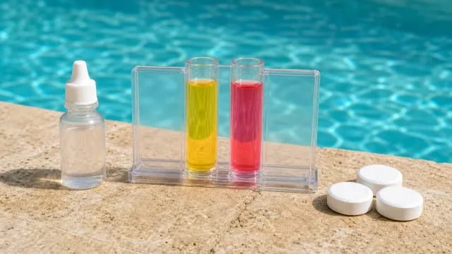 A pool water test kit with yellow and pink-red reagent tubes, a dropper bottle, and chlorine tablets beside a blue pool