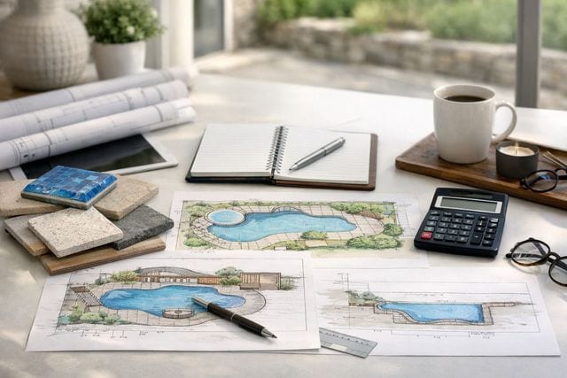 Pool planning desk with hand-drawn freeform pool design sketches, stone and mosaic tile samples, a calculator, notepad, ruler, and rolled blueprints beside a cup of coffee